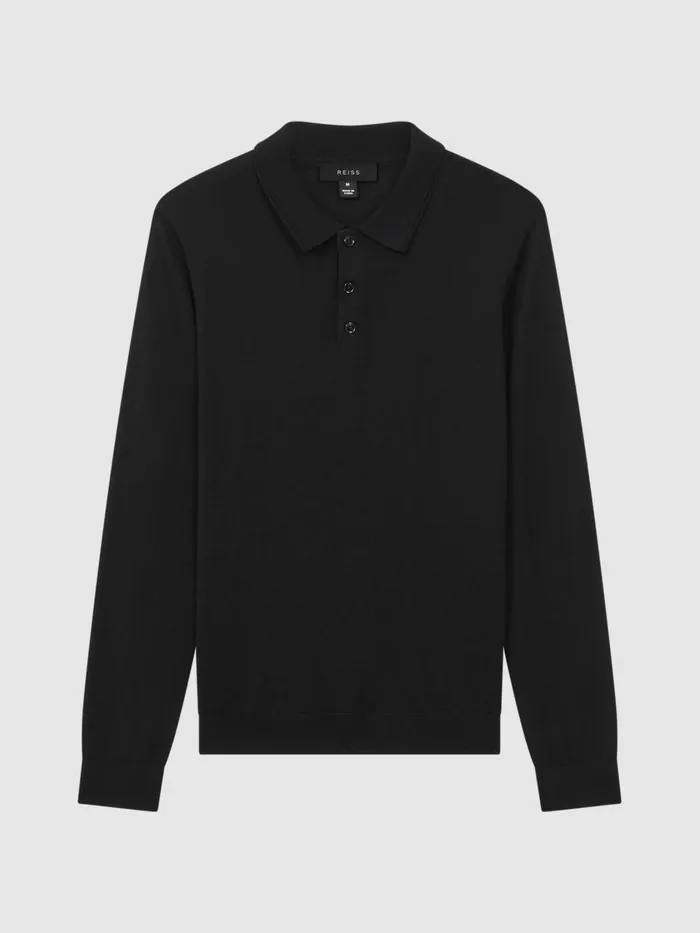 Men Reiss Polo Shirts Trafford Merino Wool Polo Shirt Black