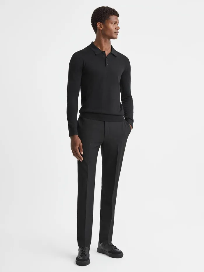 Men Reiss Polo Shirts Trafford Merino Wool Polo Shirt Black