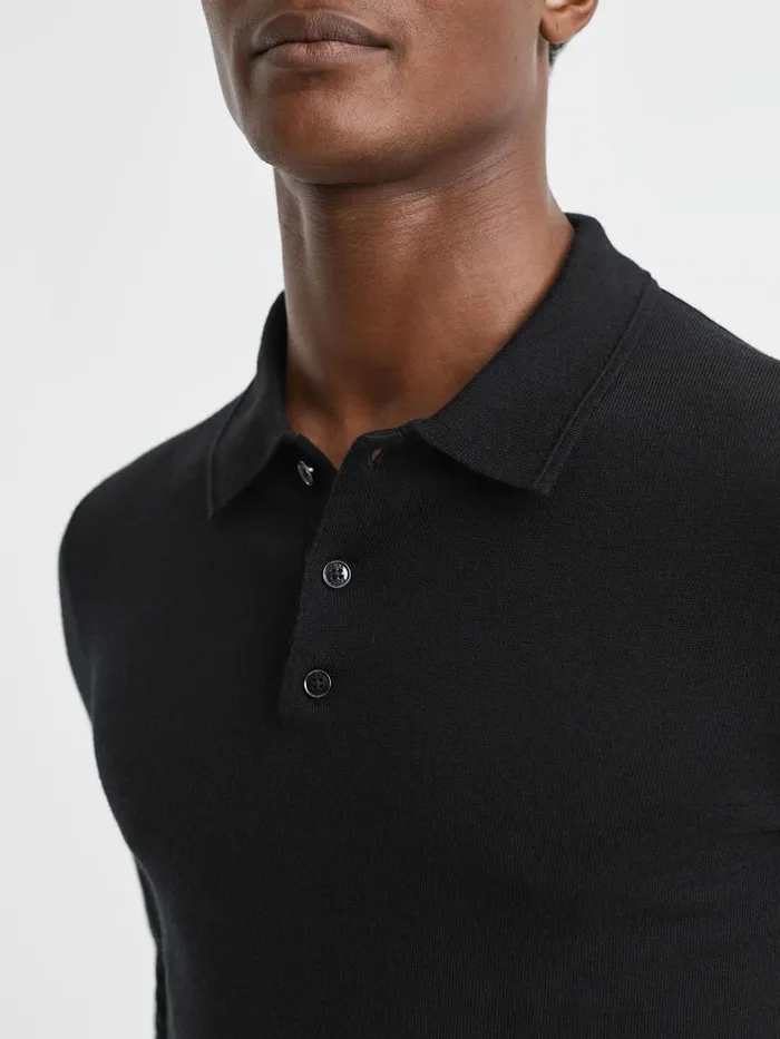 Men Reiss Polo Shirts Trafford Merino Wool Polo Shirt Black
