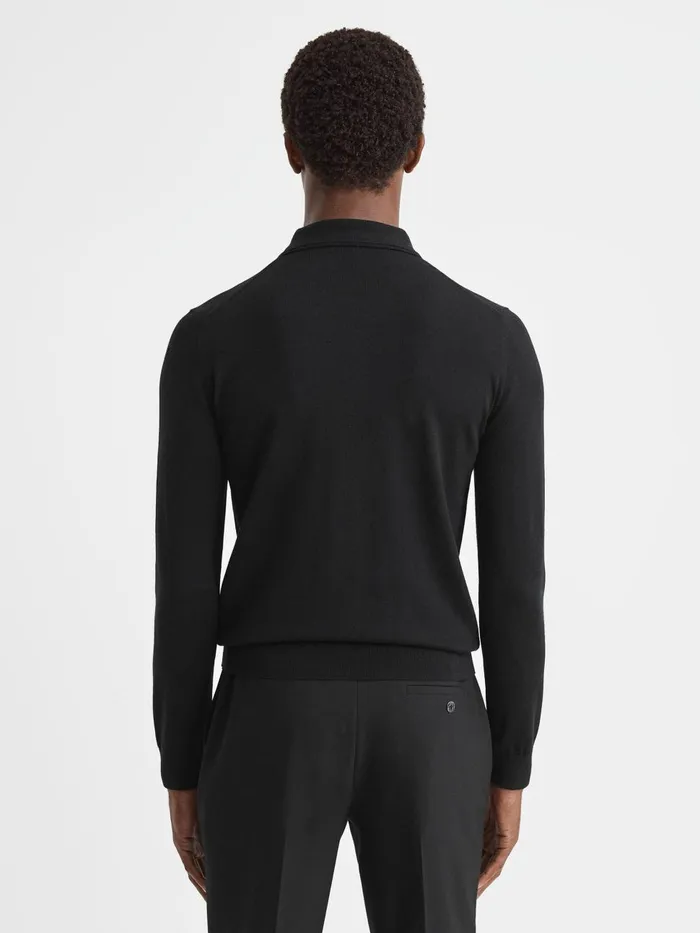 Men Reiss Polo Shirts Trafford Merino Wool Polo Shirt Black