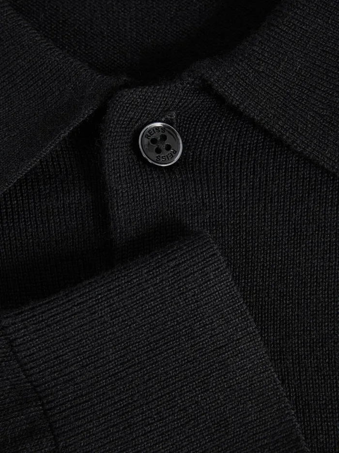 Men Reiss Polo Shirts Trafford Merino Wool Polo Shirt Black