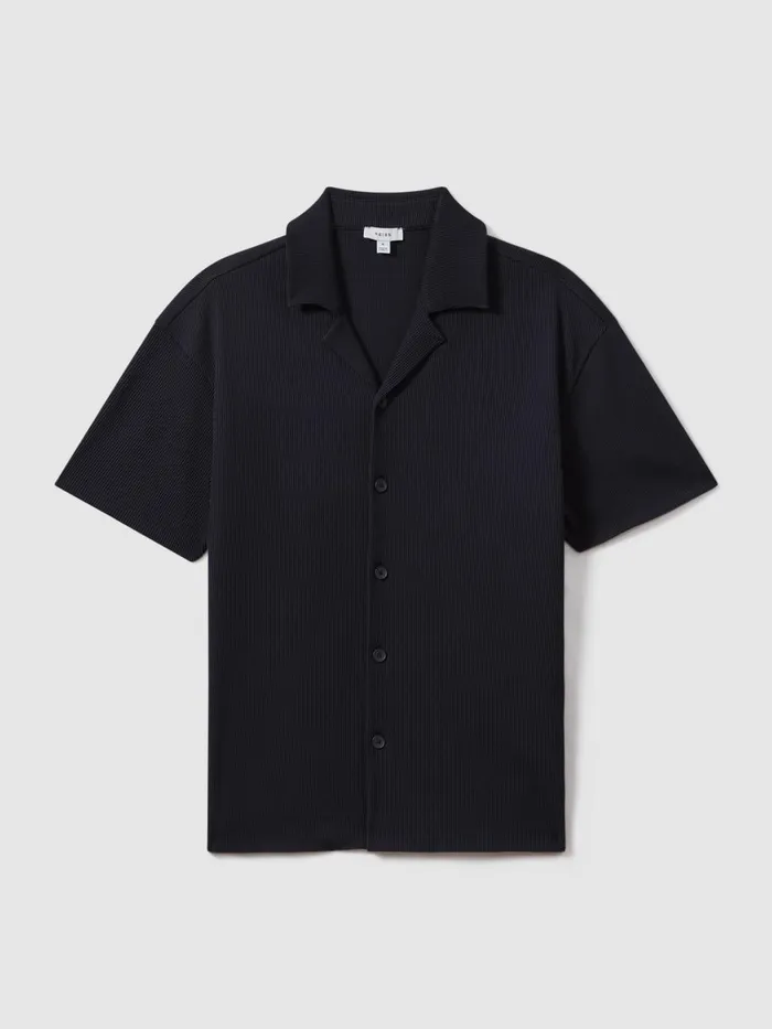 Men Reiss Shirts Chase Ribbed Cuban Collar Shirt Navy