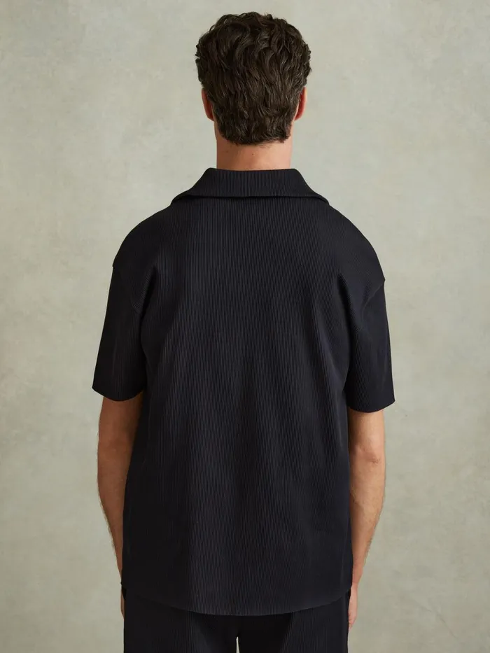 Men Reiss Shirts Chase Ribbed Cuban Collar Shirt Navy