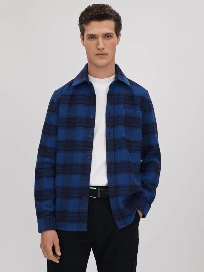 Men Reiss Shirts Dortch Brushed Checked ButtonThrough Shirt Bright Blue