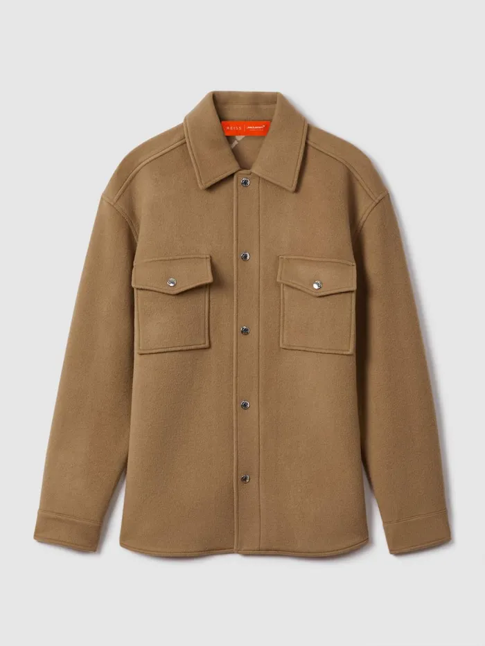 Men Reiss Shirts F1 Wool Blend Twin Pocket Overshirt Camel