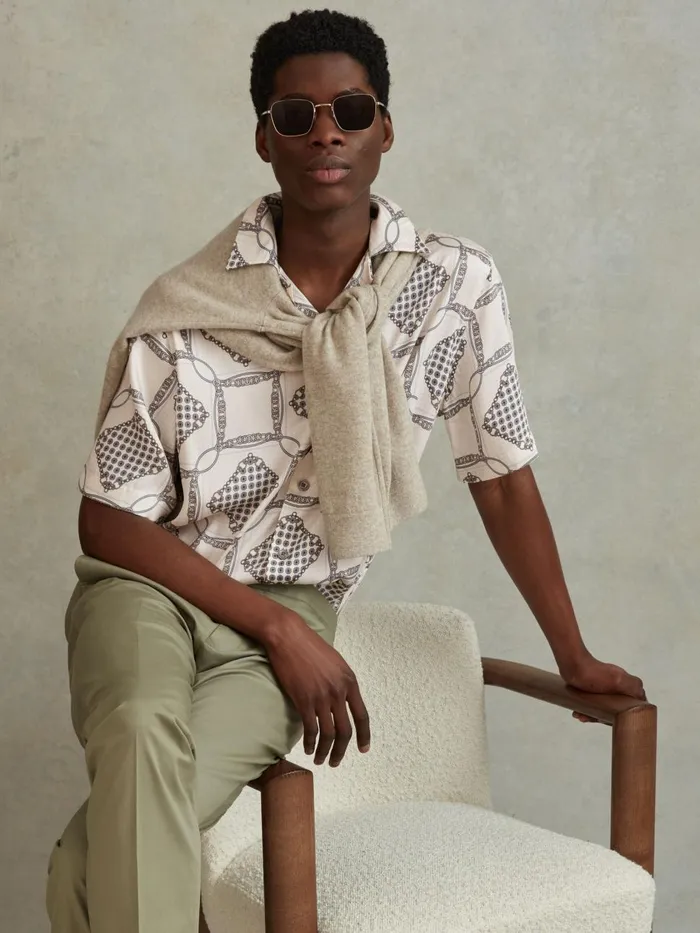 Men Reiss Shirts Lumia Relaxed Chain Print Cuban Collar Shirt Silver