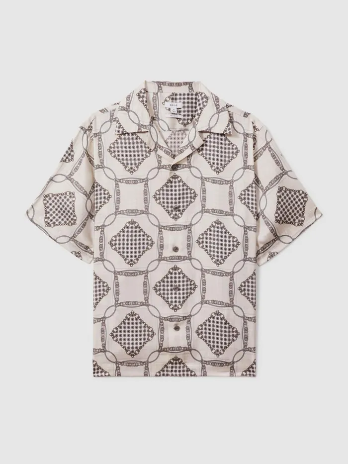 Men Reiss Shirts Lumia Relaxed Chain Print Cuban Collar Shirt Silver