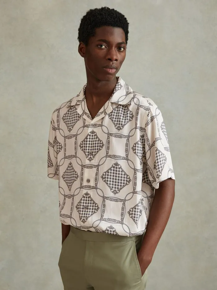 Men Reiss Shirts Lumia Relaxed Chain Print Cuban Collar Shirt Silver