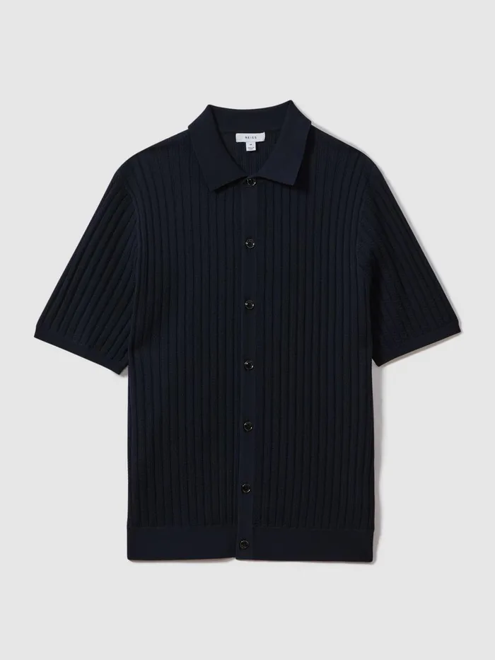 Men Reiss Shirts Murray Textured Knitted Shirt Navy