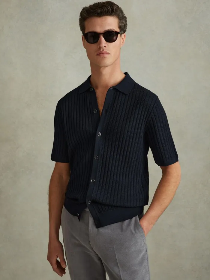 Men Reiss Shirts Murray Textured Knitted Shirt Navy
