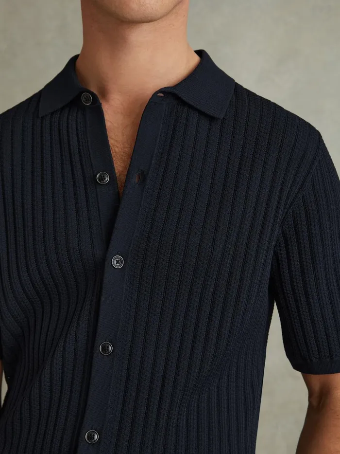 Men Reiss Shirts Murray Textured Knitted Shirt Navy