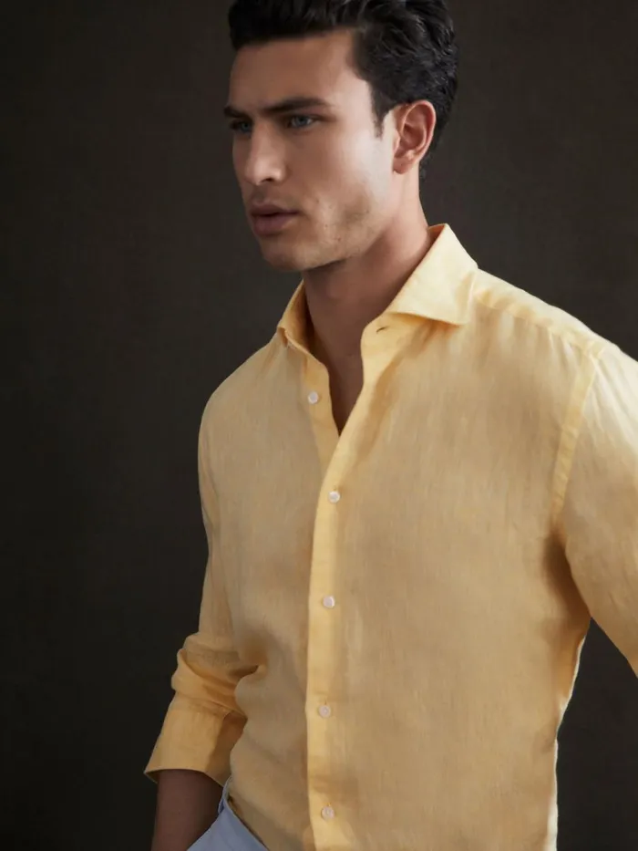 Men Reiss Shirts Ruban Linen Button Through Shirt Lemon