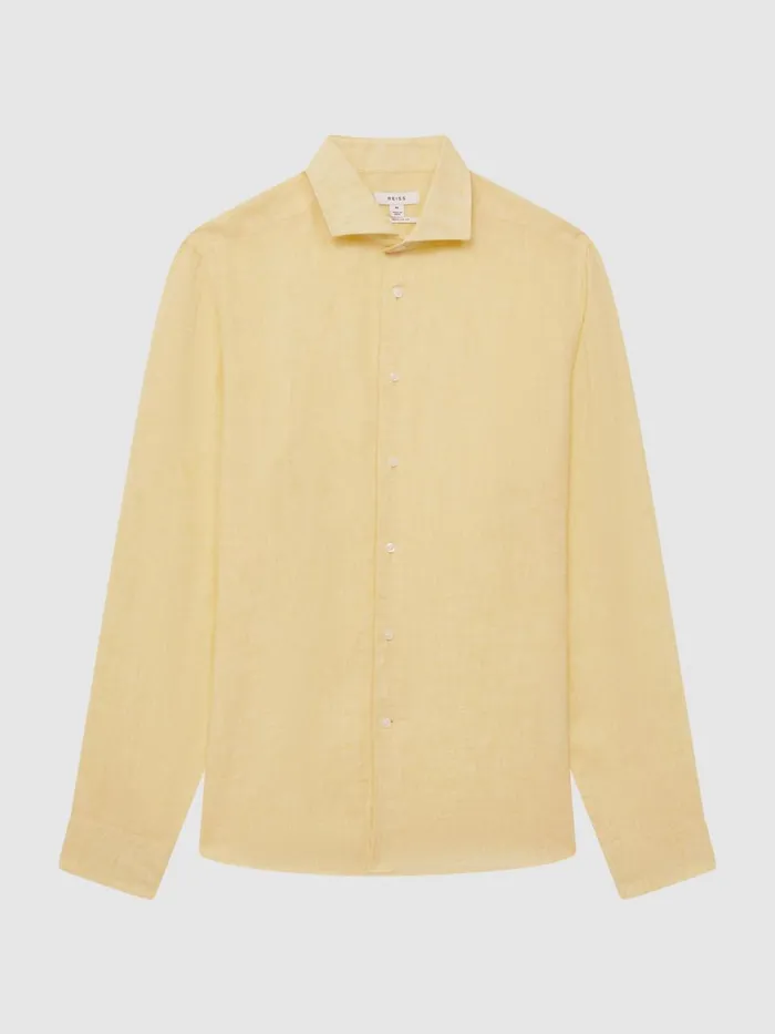 Men Reiss Shirts Ruban Linen Button Through Shirt Lemon