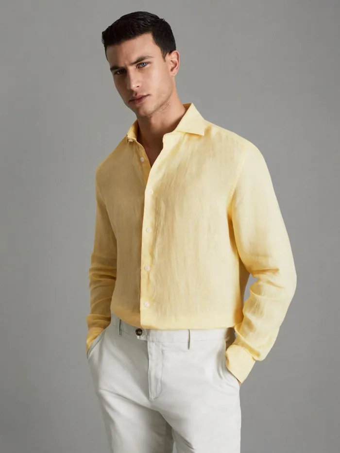 Men Reiss Shirts Ruban Linen Button Through Shirt Melon