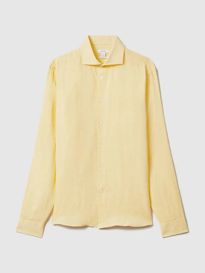 Men Reiss Shirts Ruban Linen Button Through Shirt Melon