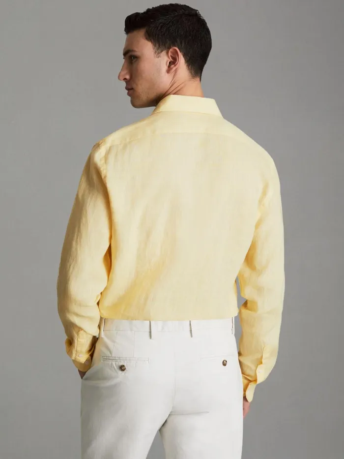Men Reiss Shirts Ruban Linen Button Through Shirt Melon