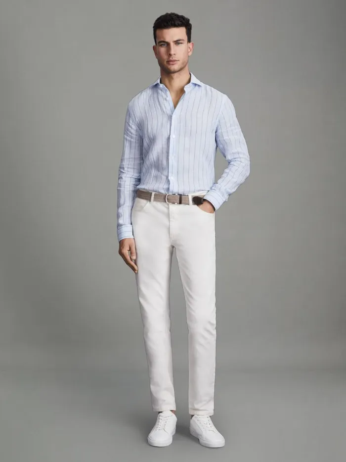 Men Reiss Shirts Ruban Linen Button Through Shirt Soft Blue Pin Stripe