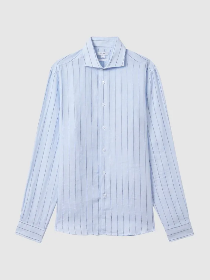 Men Reiss Shirts Ruban Linen Button Through Shirt Soft Blue Pin Stripe