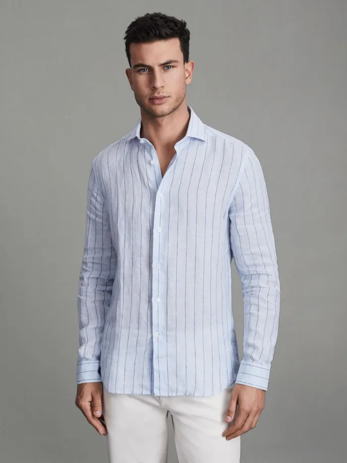 Men Reiss Shirts Ruban Linen Button Through Shirt Soft Blue Pin Stripe