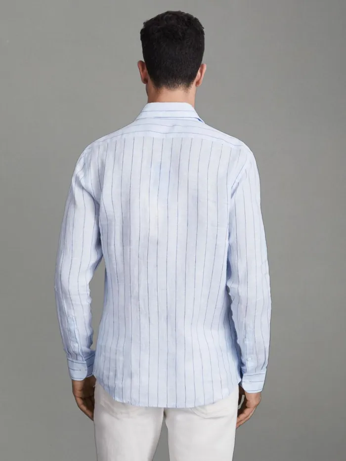 Men Reiss Shirts Ruban Linen Button Through Shirt Soft Blue Pin Stripe