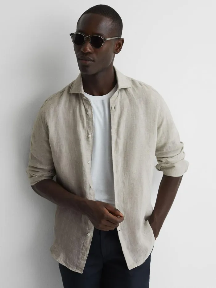 Men Reiss Shirts Ruban Linen ButtonThrough Shirt Stone Melange