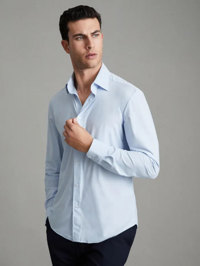 Men Reiss Shirts Voyager Slim Fit ButtonThrough Travel Shirt Soft Blue