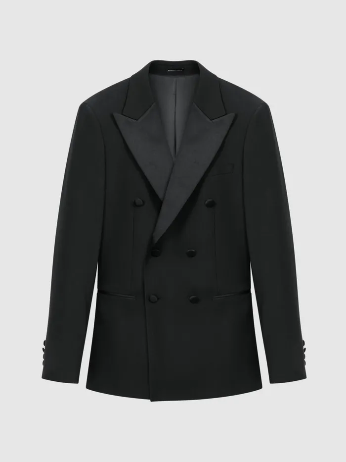 Men Reiss Suits and Tailoring Poker Modern Fit Double Breasted Tuxedo Jacket Black