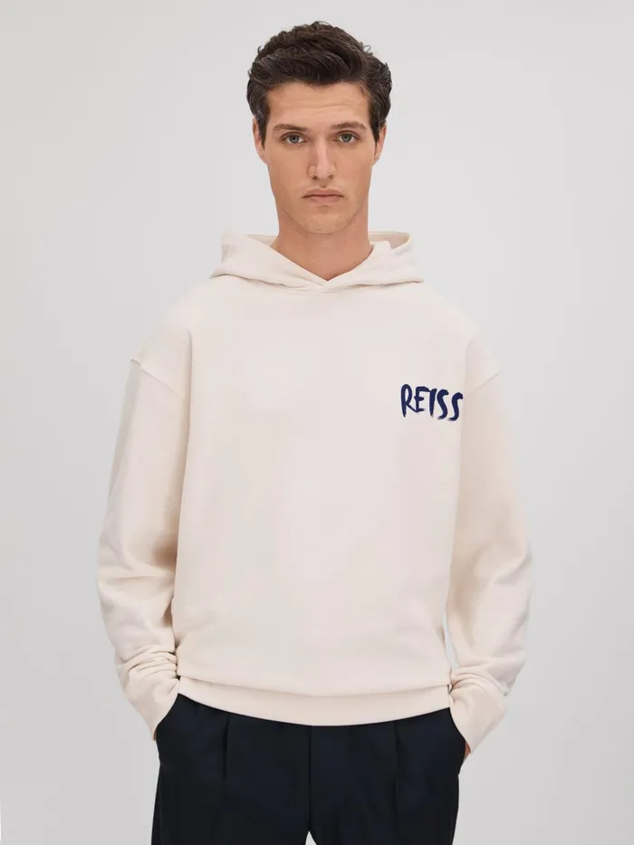Men Reiss Sweats Hoodies and Joggers Newton Cotton Relaxed Motif Hoodie Ecrublue Men Reiss Sweats Hoodies and Joggers Newton Cotton Relaxed Motif Hoodie Ecrublue