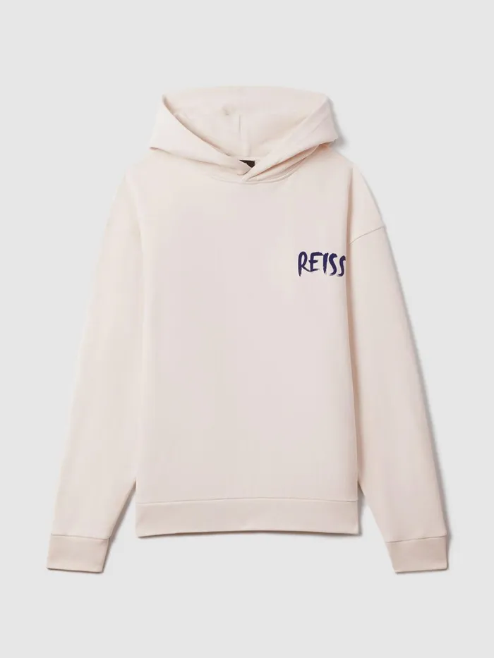 Men Reiss Sweats Hoodies and Joggers Newton Cotton Relaxed Motif Hoodie Ecrublue