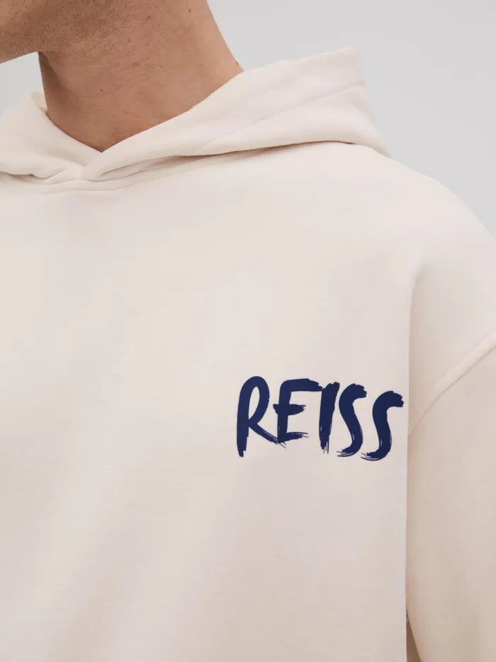 Men Reiss Sweats Hoodies and Joggers Newton Cotton Relaxed Motif Hoodie Ecrublue