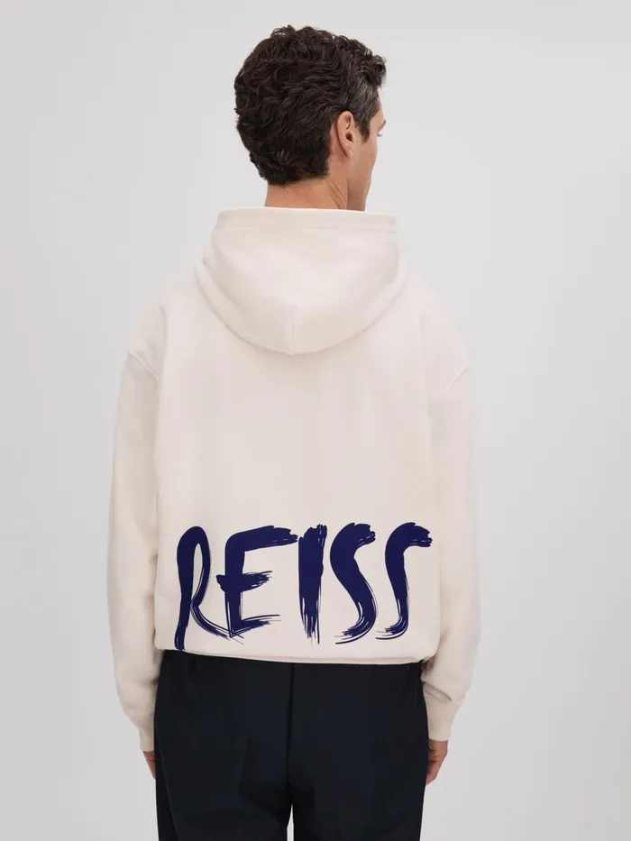 Men Reiss Sweats Hoodies and Joggers Newton Cotton Relaxed Motif Hoodie Ecrublue