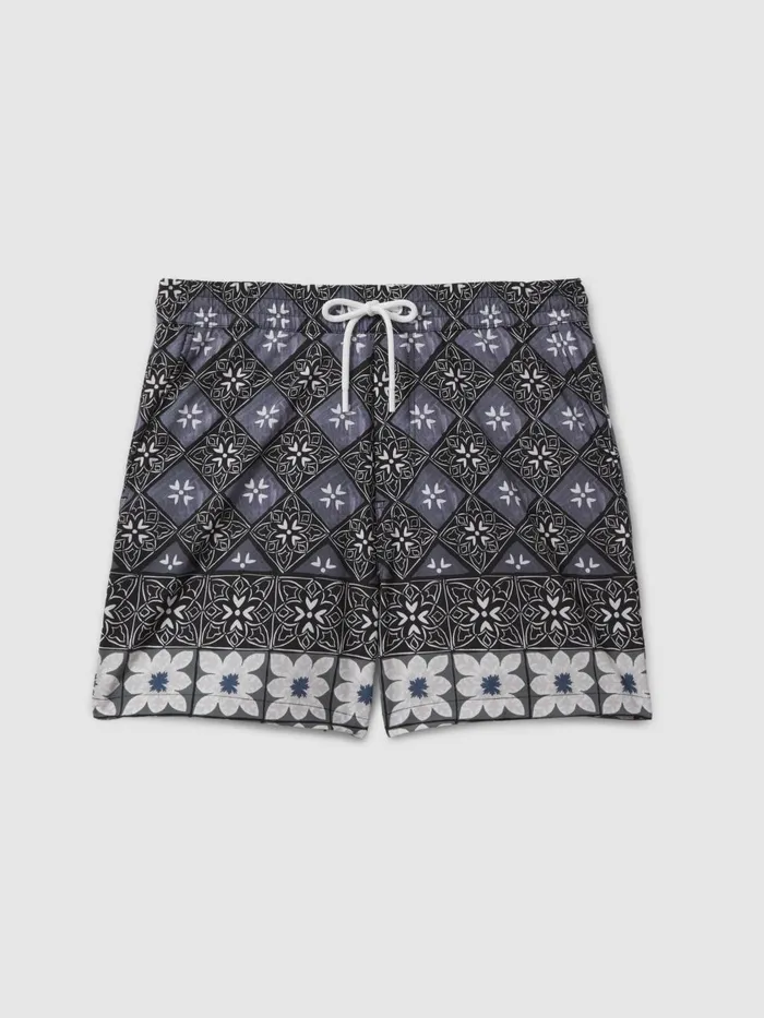 Men Reiss Swimwear Arizona Medallion Print Drawstring Swim Shorts Black Multi