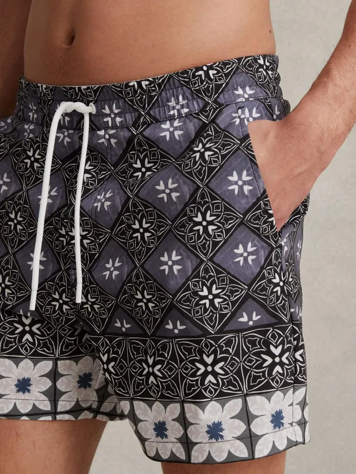 Men Reiss Swimwear Arizona Medallion Print Drawstring Swim Shorts Black Multi