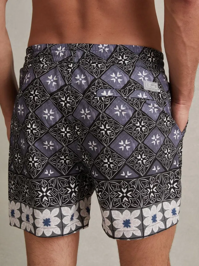 Men Reiss Swimwear Arizona Medallion Print Drawstring Swim Shorts Black Multi