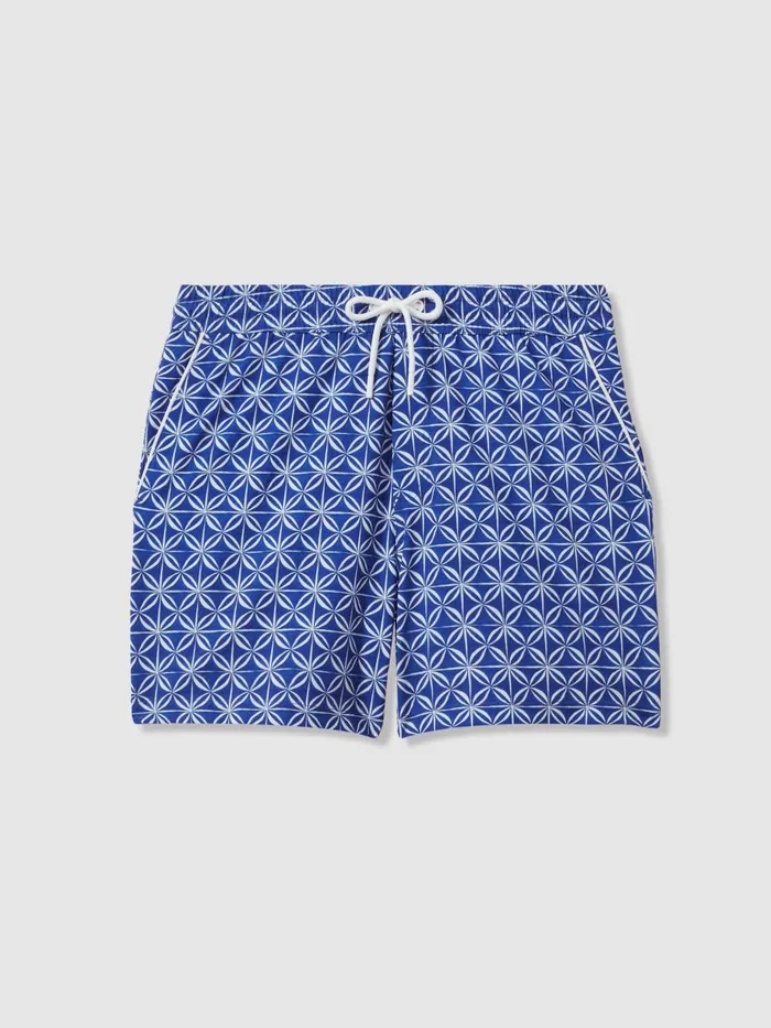 Men Reiss Swimwear Fraser Geometric Print Drawstring Swim Shorts Bright Bluewhite