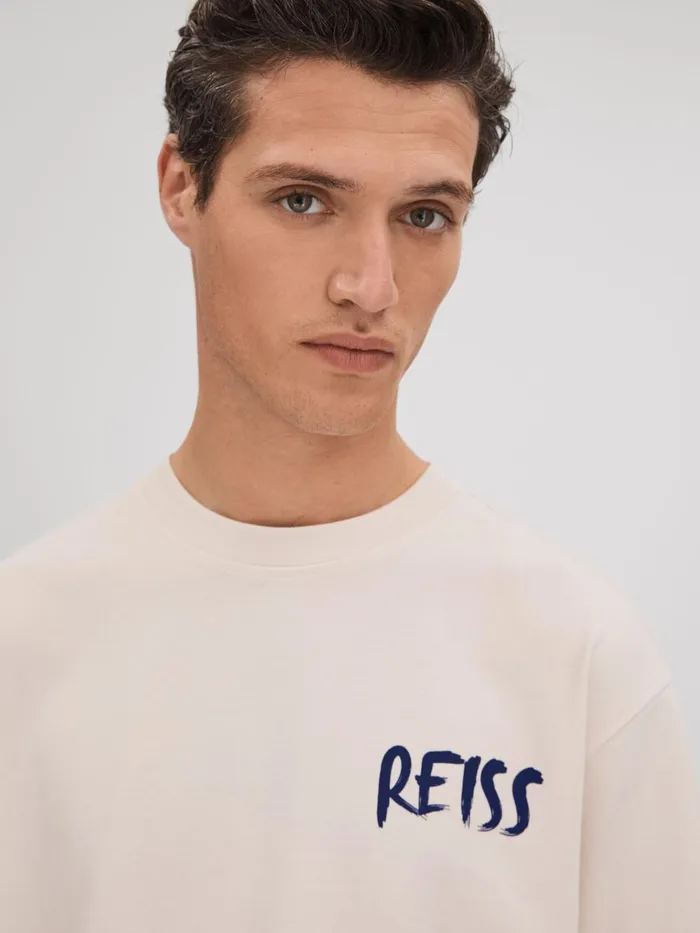 Men Reiss TShirts Abbott Cotton Motif TShirt Ecrublue