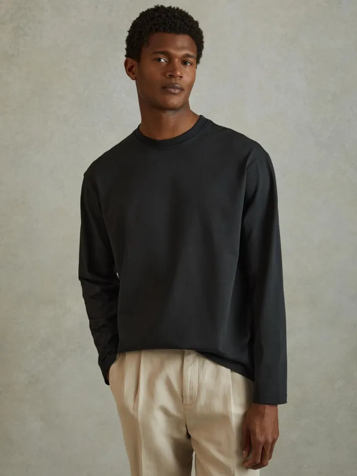 Men Reiss TShirts Cube Cotton Crew Neck Long Sleeve TShirt Washed Black