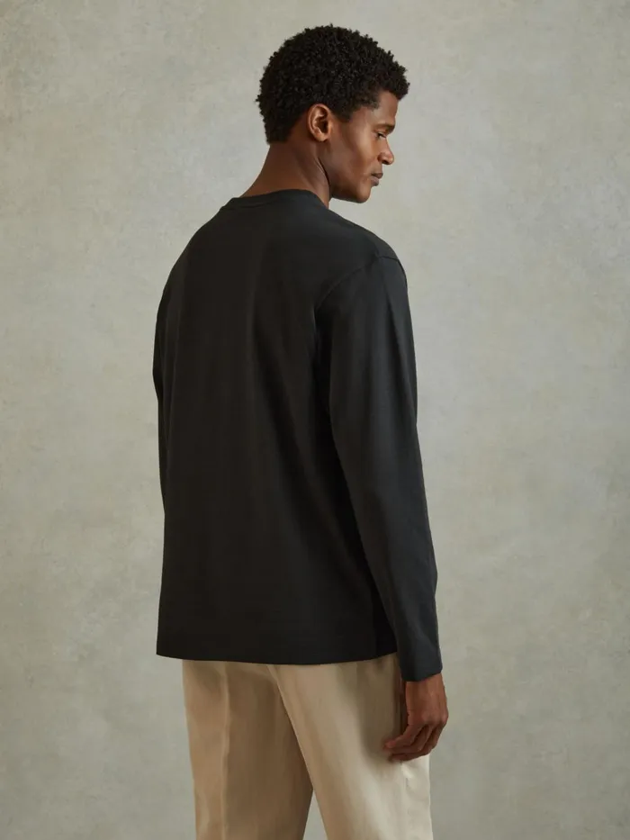 Men Reiss TShirts Cube Cotton Crew Neck Long Sleeve TShirt Washed Black