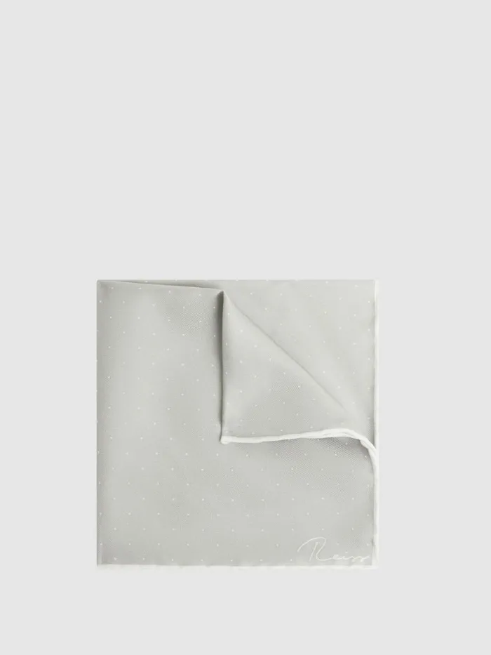 Men Reiss Ties and Pocket Squares Liam Polka Dot Silk Pocket Square Silver