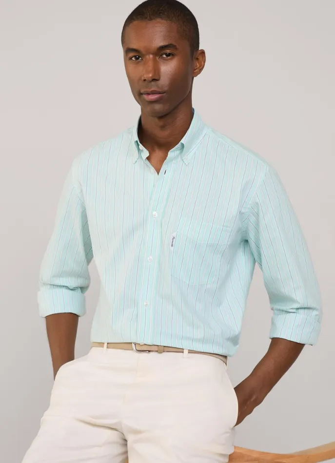 Men Shirts Faonnable Regular Fit Regimental Striped Pinpoint Shirt Dark Acqua Blue