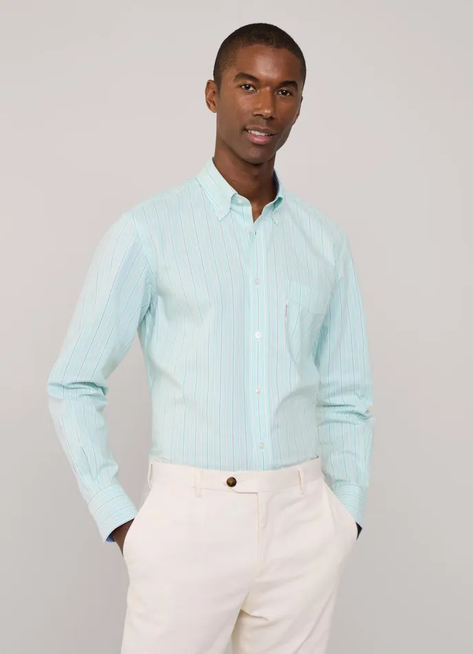 Men Shirts Faonnable Regular Fit Regimental Striped Pinpoint Shirt Dark Acqua Blue