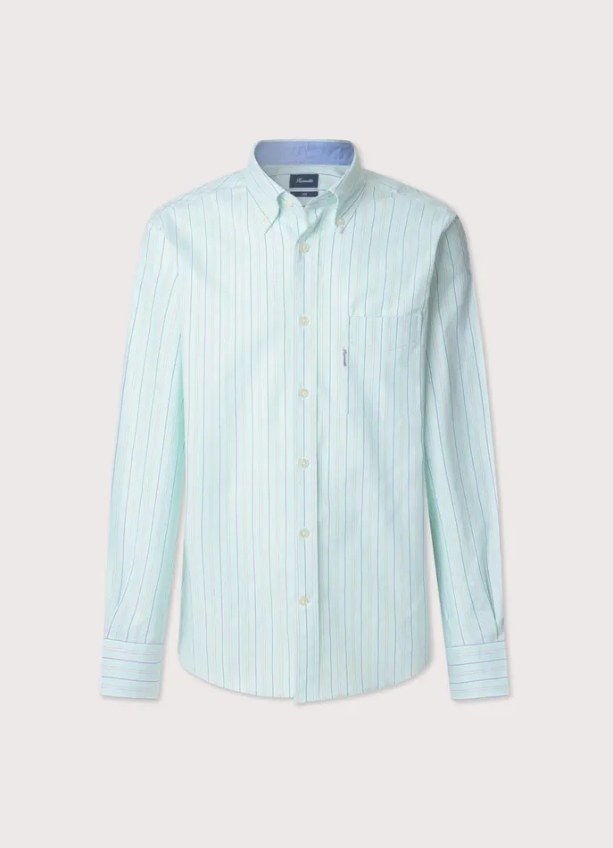 Men Shirts Faonnable Regular Fit Regimental Striped Pinpoint Shirt Dark Acqua Blue