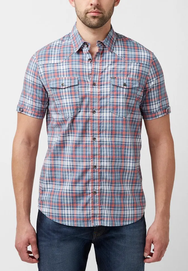 Men Short Sleeves Safe Plaid Button Shirt Fuchsia Buffalo David Bitton Shirts