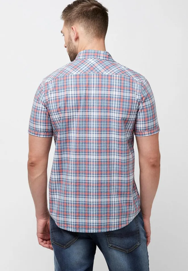 Men Short Sleeves Safe Plaid Button Shirt Fuchsia Buffalo David Bitton Shirts