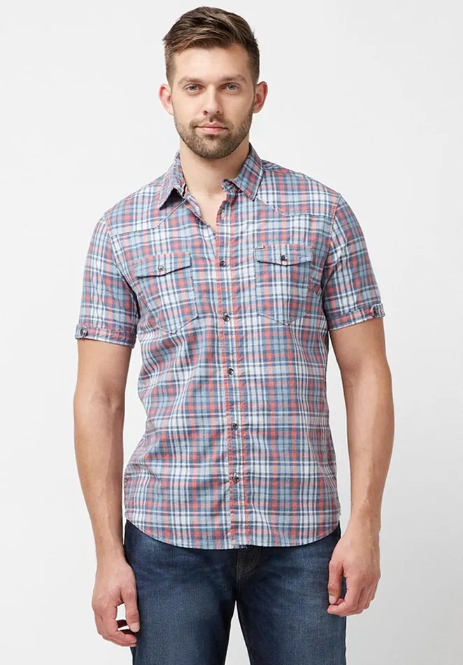Men Short Sleeves Safe Plaid Button Shirt Fuchsia Buffalo David Bitton Shirts