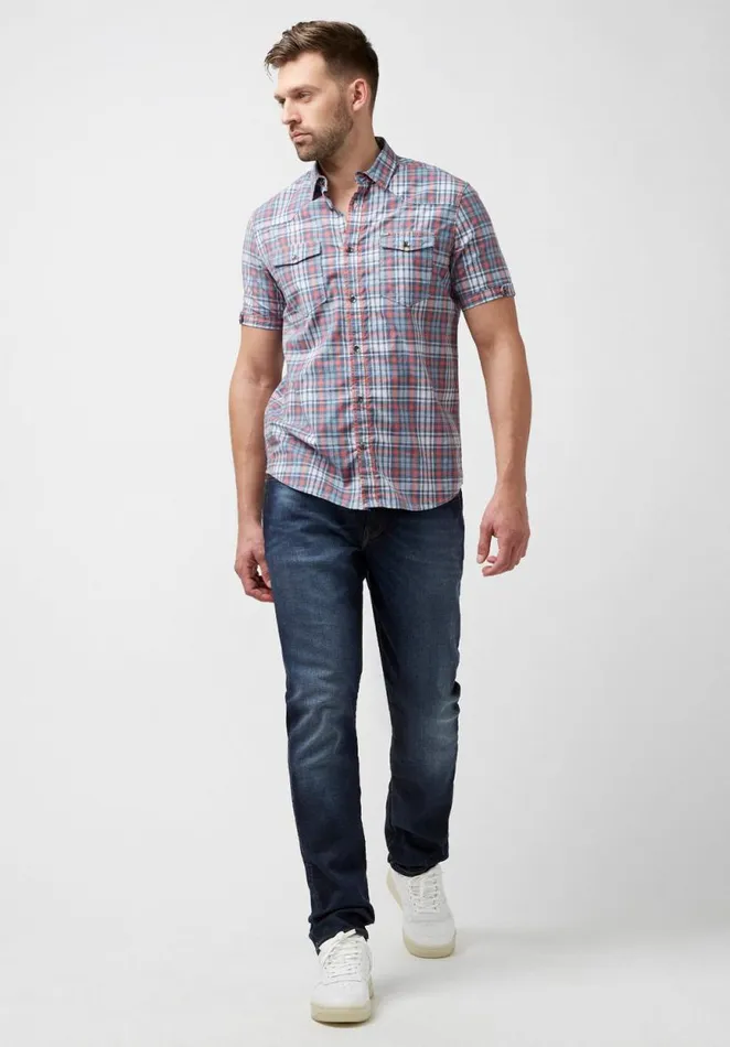 Men Short Sleeves Safe Plaid Button Shirt Fuchsia Buffalo David Bitton Shirts