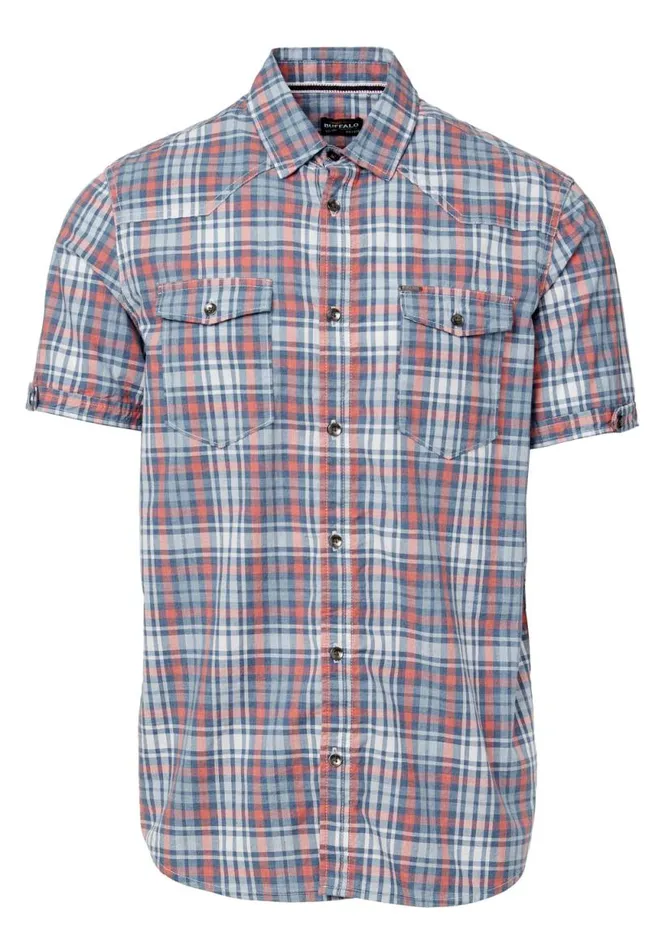 Men Short Sleeves Safe Plaid Button Shirt Fuchsia Buffalo David Bitton Shirts