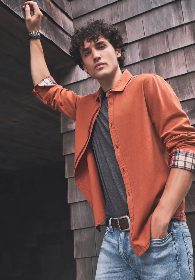 Men Siamik Orange LongSleeve Mens Shirt Baked Clay Buffalo David Bitton Shirts