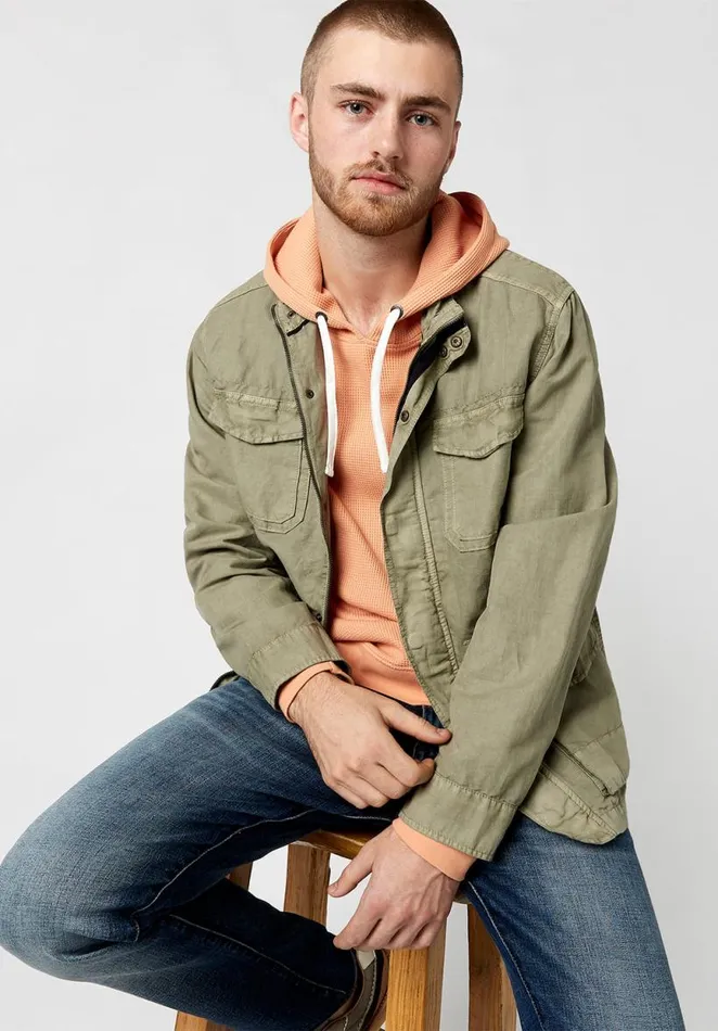 Men Washed Linen Jarmane Jacket Oil Green Buffalo David Bitton Jackets