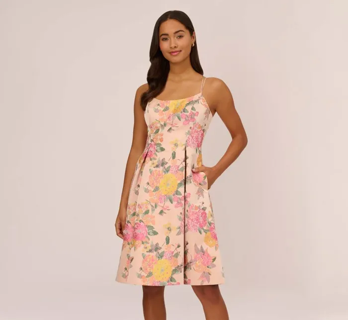 Midi Dresses Womens Adrianna Papell Floral Jacquard Dress With Pleated Details In Rose Multi Midi Dresses Womens Adrianna Papell Floral Jacquard Dress With Pleated Details In Rose Multi